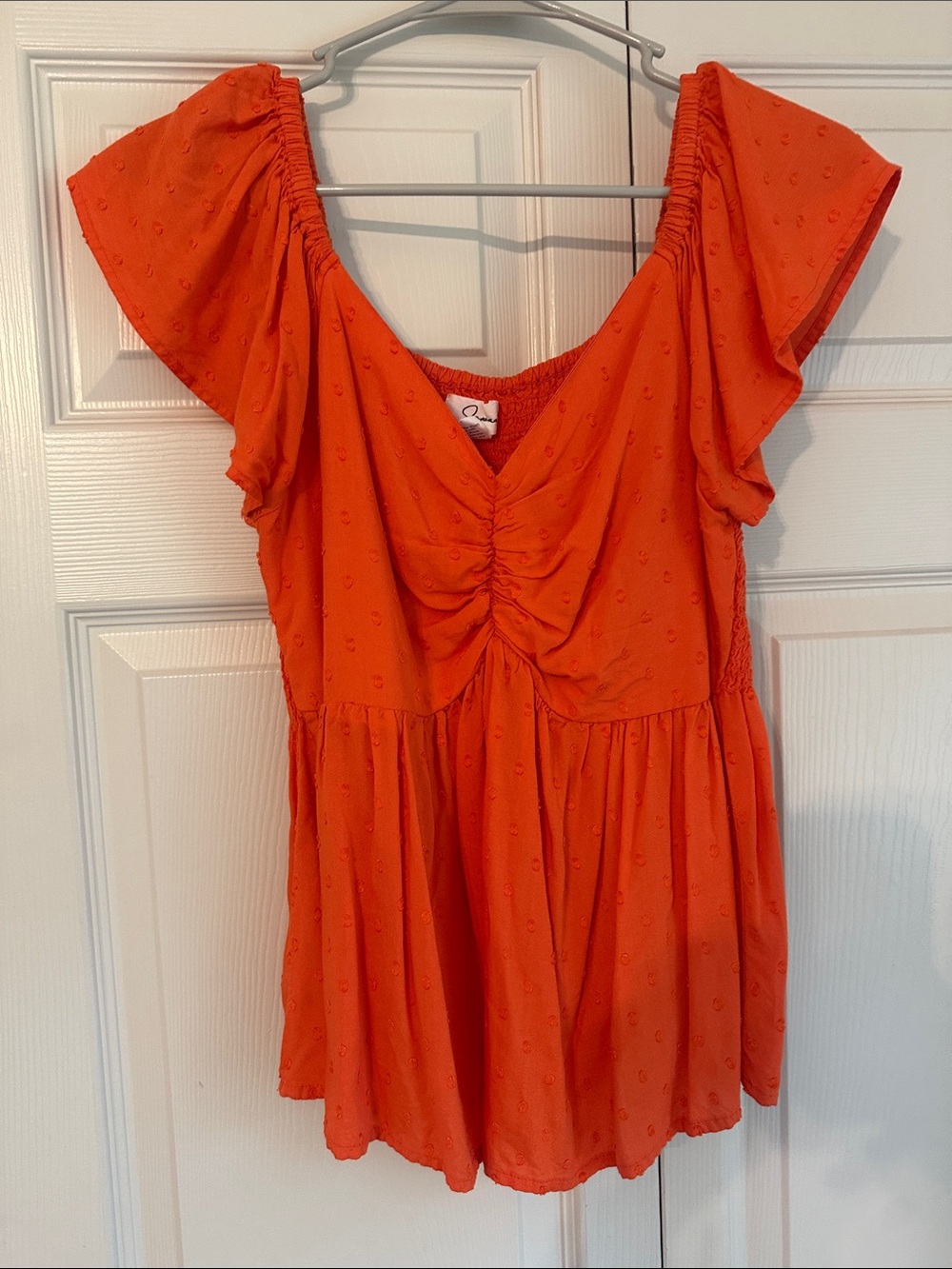 Women's Orange Ruched V-Neck Peplum Top